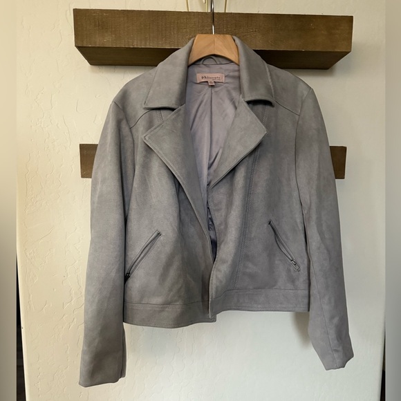 Philosophy|Light Gray Vegan Suede Leather Moto Jacket•size XL,fall winter style - Picture 4 of 12